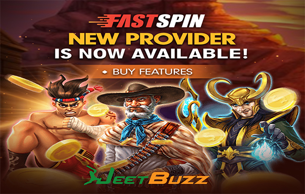 Logo FASTSPIN dengan latar belakang game slot populer seperti Dragon's Treasure dan Queen of the Nile.