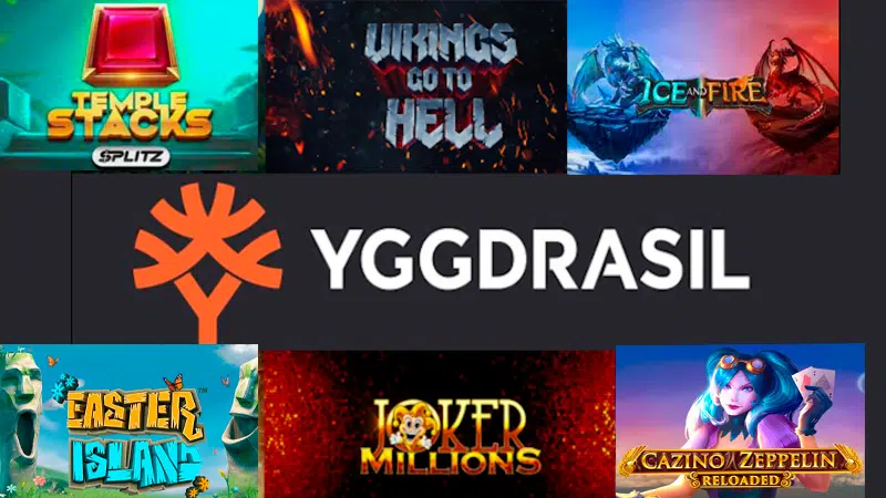 Logo YGGDRASIL dengan latar belakang game slot gacor terbaru Vikings Go Berzerk dan Golden Fish Tank.