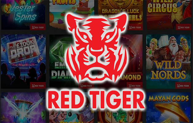 Gambar ilustrasi slot machine dengan logo RED TIGER dan indikator 'gacor' menyala.