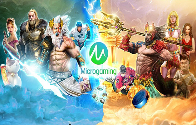 Logo MICROGAMING dengan latar game unggulan seperti Mega Moolah, Immortal Romance, dan Thunderstruck II