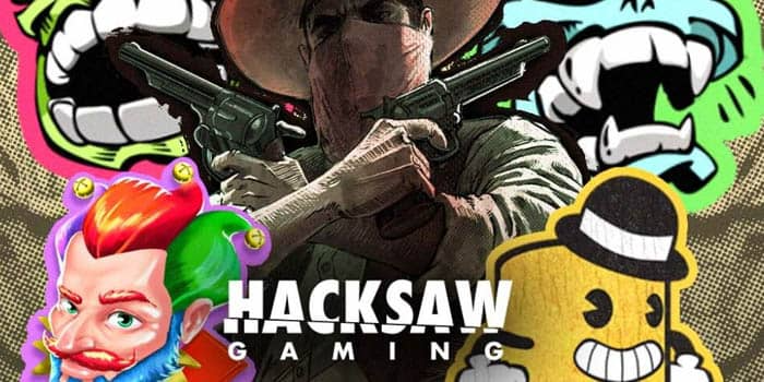 Logo HACKSAW GAMING dengan latar belakang beberapa game unggulannya