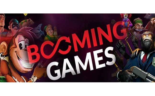 Logo Booming Games dengan latar game slot online unggulan