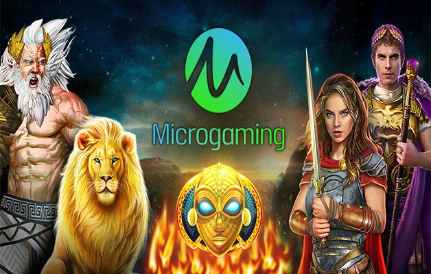 Gambar logo MICROGAMING dengan latar belakang strategi bermain dan contoh game gacor.