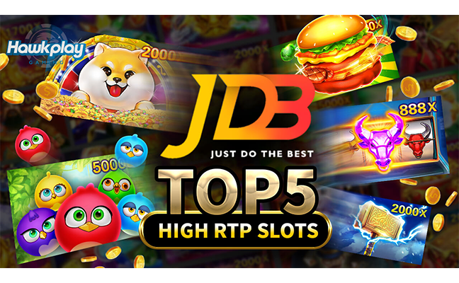 Gambar ilustrasi 5 game slot gacor JDB unggulan tanggal 03 Oktober 2023 dengan simbol anjing, burger, burung, banteng, mjolnir