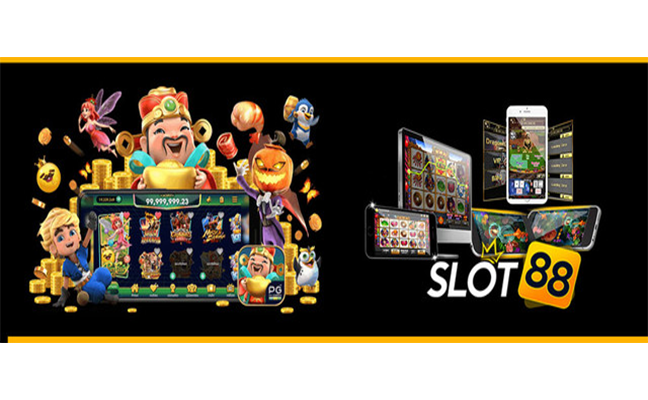 Kolase lima game slot gacor SLOT88 terunggul dengan ikon tips menang dan logo SLOT88.