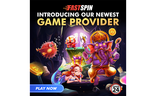 Logo FASTSPIN dengan latar belakang mesin slot, simbol keberuntungan dan kualitas dalam dunia slot online.