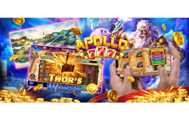 Gambar Thor si Dewa Palu sedang menggebrak jackpot di slot APOLLO777, gacor banget, Bro!