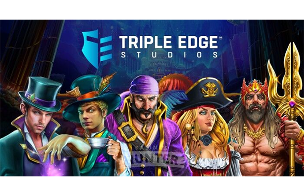 Raja slot menguasai kerajaan Triple Edge Studios dengan tangan memegang mahkota emas, dikelilingi oleh game gacor dan strategi jitu menang slot.