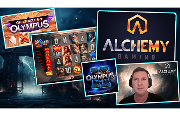 Logo Alchemy Gaming yang cemerlang menampilkan simbol ajaib dan futuristik, menggambarkan inovasi dan kreativitas dalam dunia slot online.