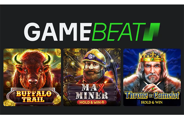 Ilustrasi pemenang slot online, menampilkan karakter pemain yang gembira berada di depan mesin slot GAMEBEAT dengan simbol buah dan tujuh merah yang beruntung, mewakili strategi menang slot online.