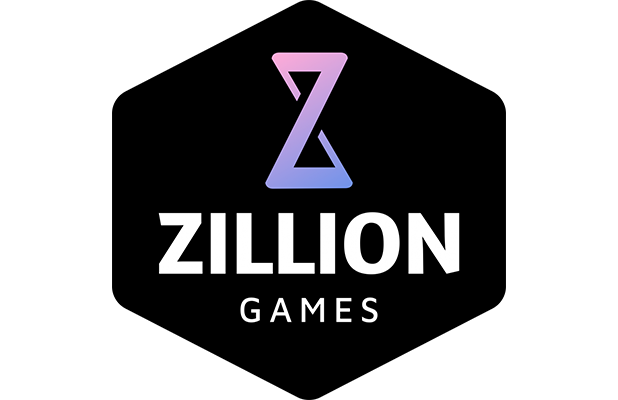 Logo Zillion Games dengan latar belakang tema slot populer.